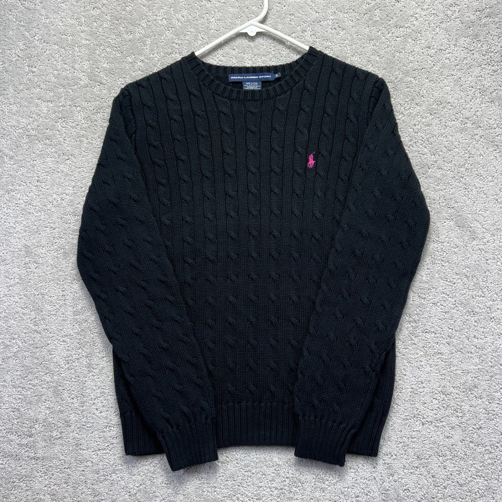 Ralph Lauren Sport Sweater Youth Girls XL Black Pink Pony Cable Knit Cotton